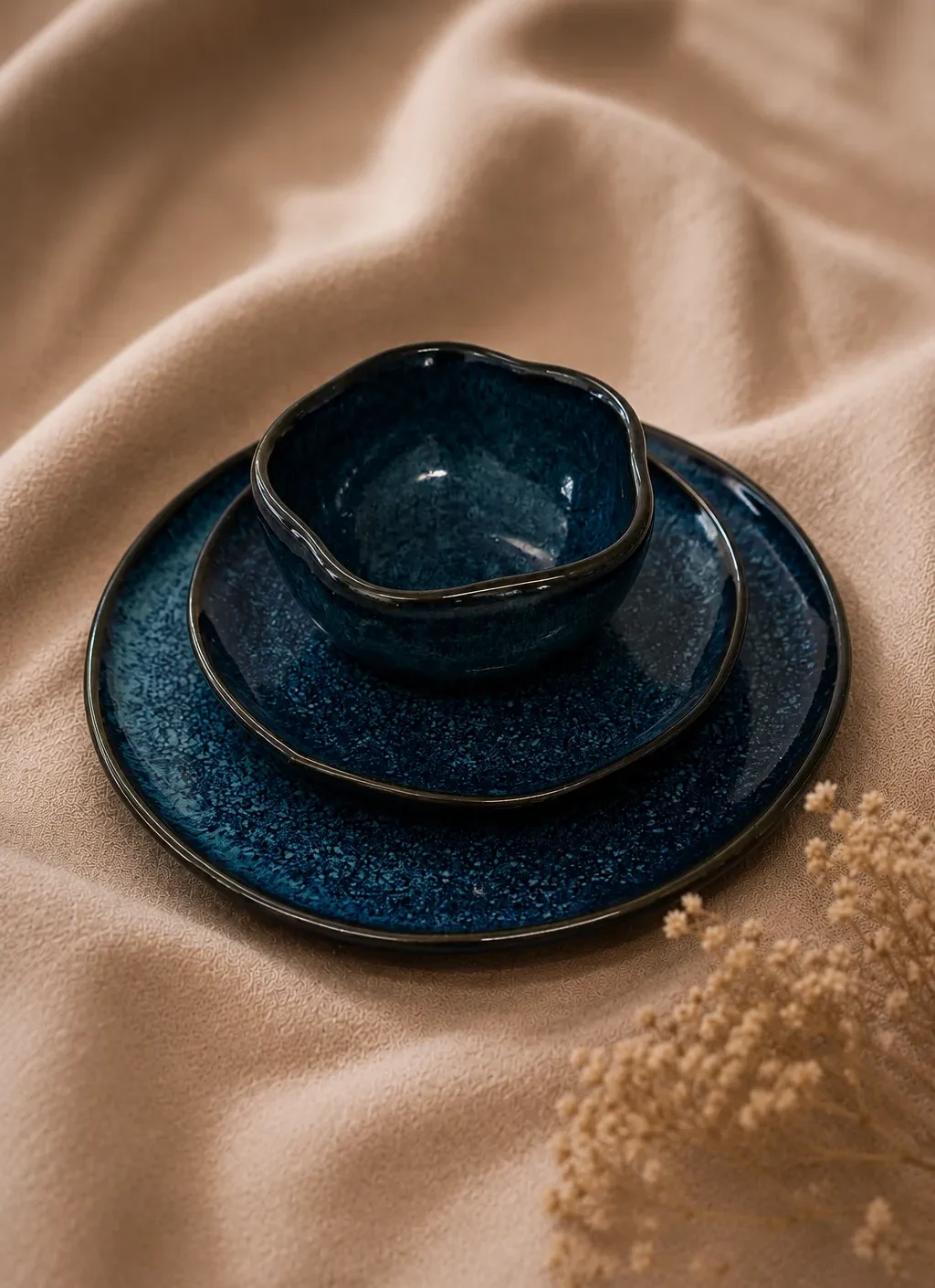 Indigo Bloom Set handmade blue ceramic dinnerware set with large plate, side plate, and sculpted artisan bowl
