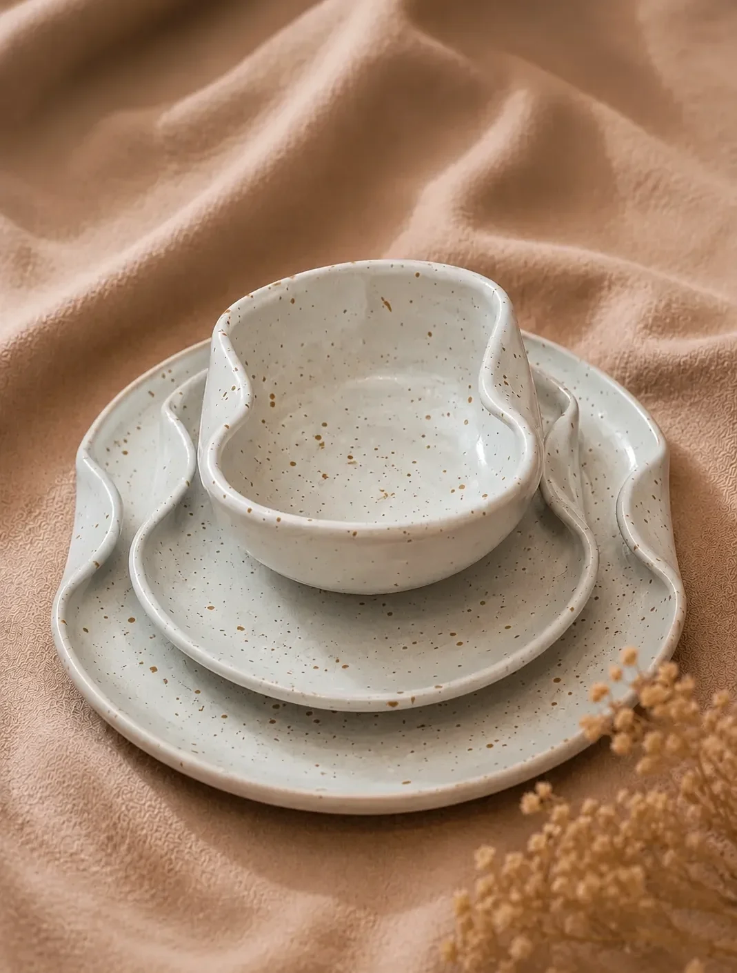 Ivory Bloom Set handmade white ceramic dinnerware set with large plate, side plate, and sculpted artisan bowl
