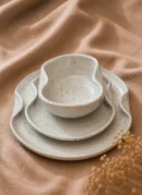 Ivory Bloom Set handmade white ceramic dinnerware set with large plate, side plate, and sculpted artisan bowl