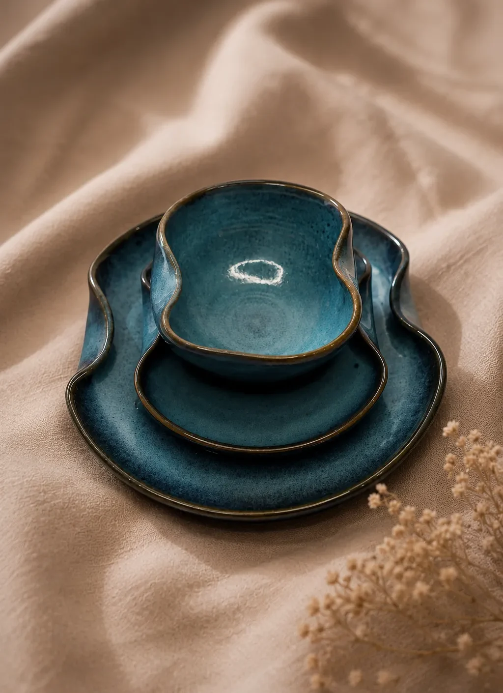 Azure Harmony Set handmade blue ceramic dinnerware set with large plate, side plate, and artisan bowl