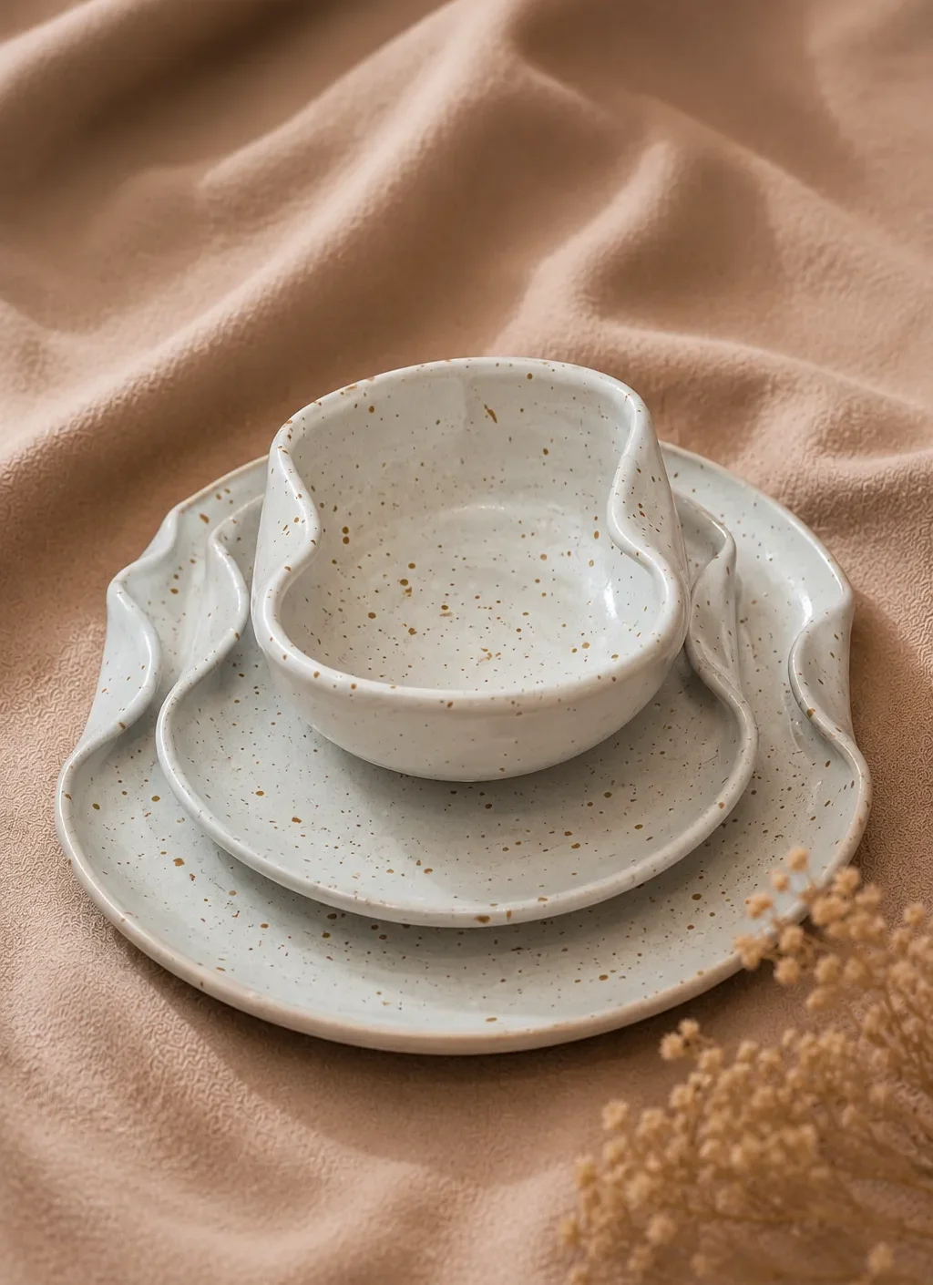 Ivory Bloom Set handmade white ceramic dinnerware set with large plate, side plate, and sculpted artisan bowl