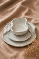 Ivory Bloom Set handmade white ceramic dinnerware set with large plate, side plate, and sculpted artisan bowl